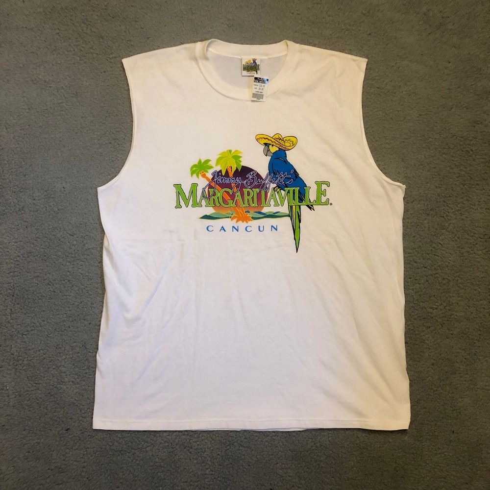 Vtg 90s Jimmy Buffett Margaritaville Cancun‎ Muscle Tee White Tank Top 2XL